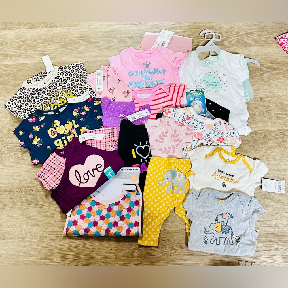 20 piece bundle of baby girl items, all new, sizes 3 months to 18 months.